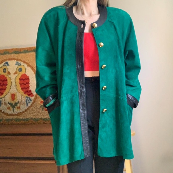 Danier Jackets & Blazers - Vintage Danier Green Suede Women's Jacket with Black Leatger Trim